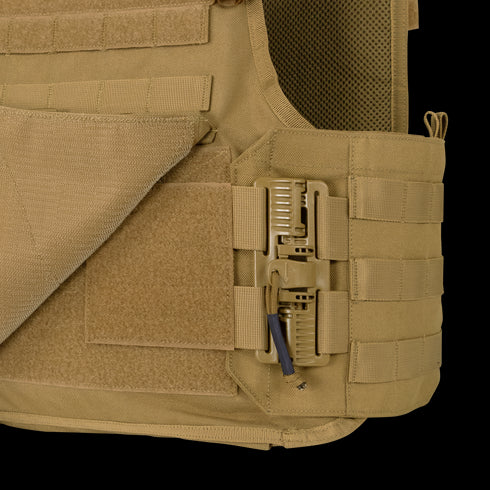 Close-up of the Condor RS Cummerbund Retro Kit, a tan tactical vest upgrade with Velcro panels, MOLLE webbing, mesh lining, and side quick-release buckles—perfect for military or law enforcement gear.